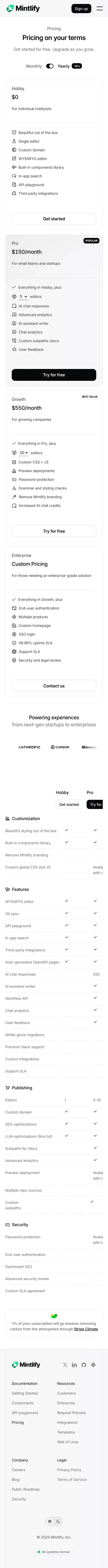 Mintlify - Pricing mobile view