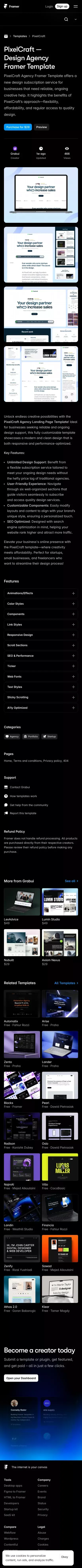 PixelCraft - Design Agency Framer Template — Framer Marketplace mobile view