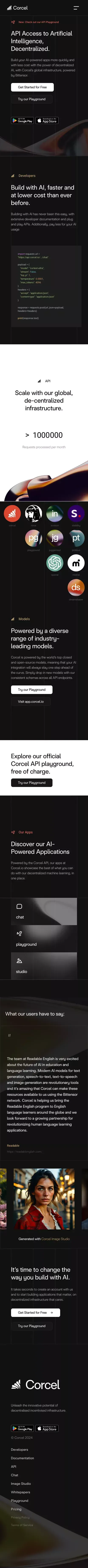 Corcel: API Access to Artificial Intelligence, Decentralized. mobile view