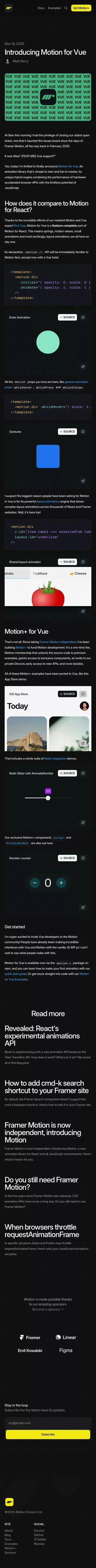 Introducing Motion for Vue - Motion Blog mobile view