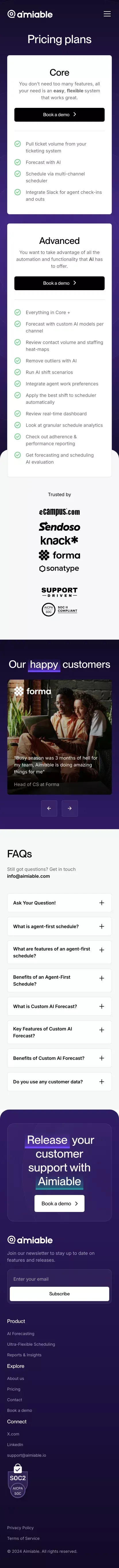 Pricing | Aimiable mobile view