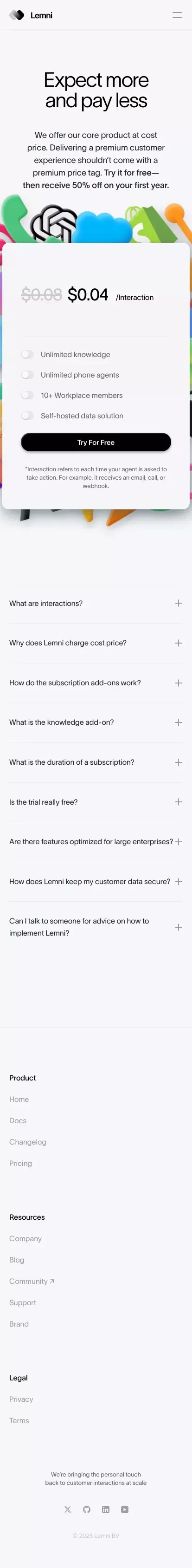 Lemni Â· Pricing mobile view