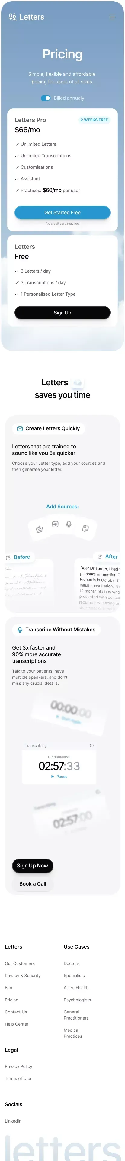 Letters Pricing - Affordable AI Medical Transcription & Letter Writing mobile view