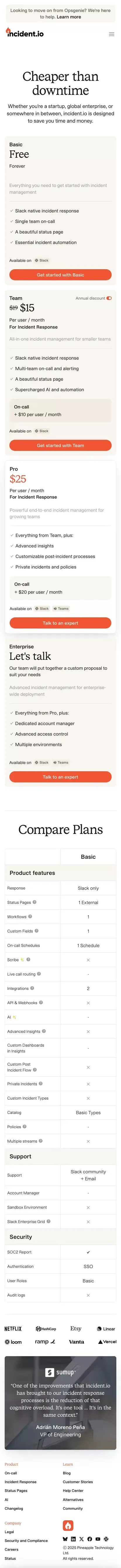 Pricing | incident.io mobile view