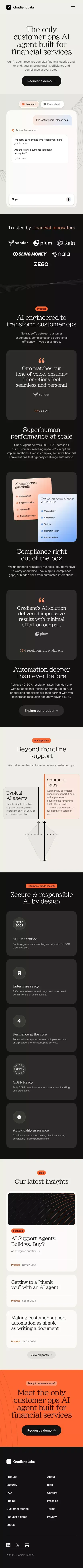 Gradient Labs · The only customer ops AI agent built for financial services mobile view