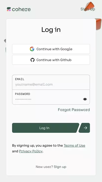Login | Cohere mobile view