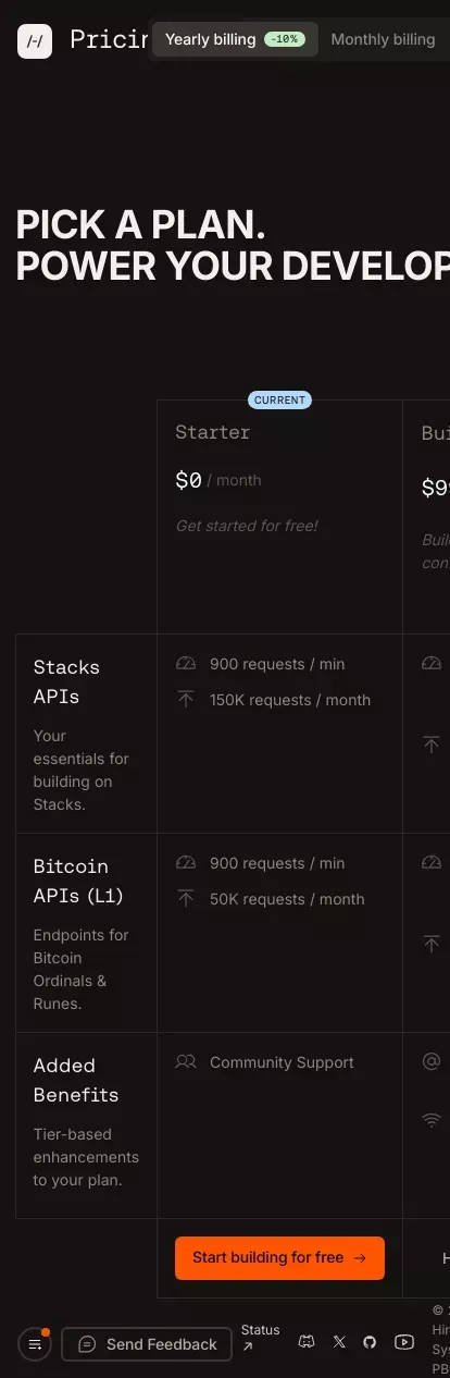 Hiro Platform: Pricing mobile view