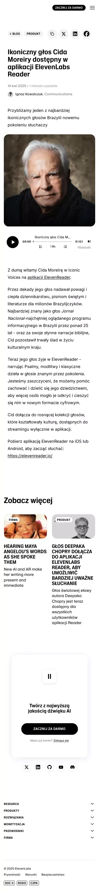 Ikoniczny głos Cida Moreiry dostępny w aplikacji ElevenLabs Reader | ElevenLabs mobile view