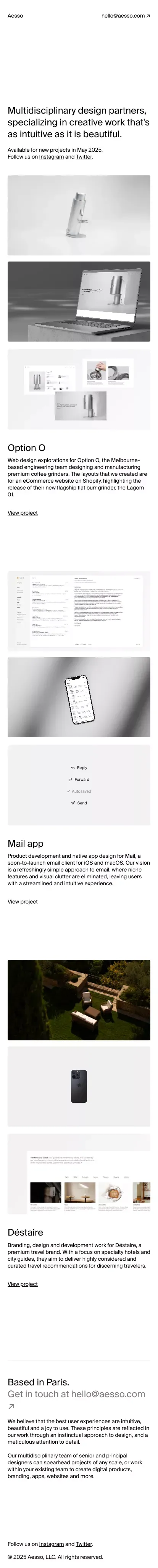 AESSO — Independent web, brand and product design studio mobile view