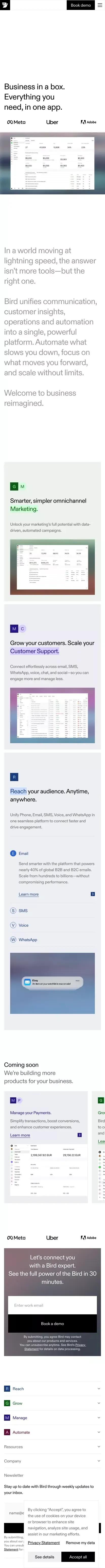 Bird | Vereinheitlichtes CRM fÃ¼r Marketing, Service & Payments mobile view