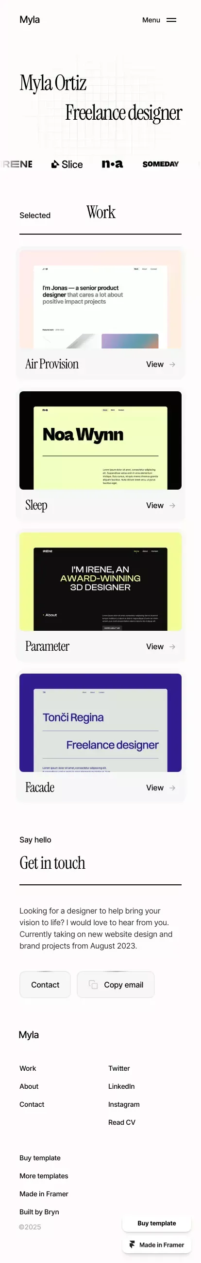 Offset - Portfolio Template for Framer mobile view