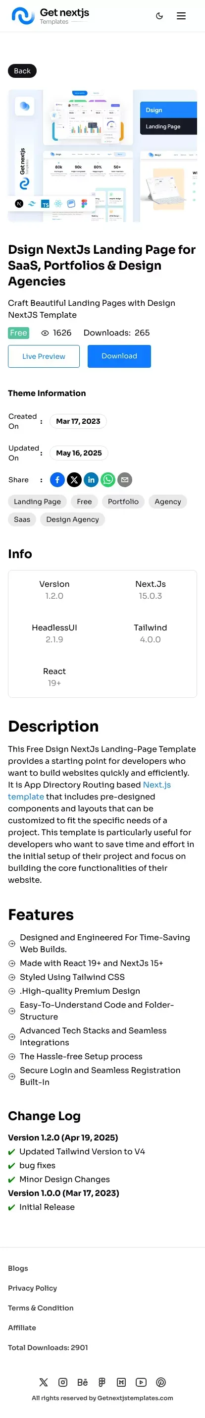 DSIGN Free NextJs Landing Page Template for Design Agencies mobile view