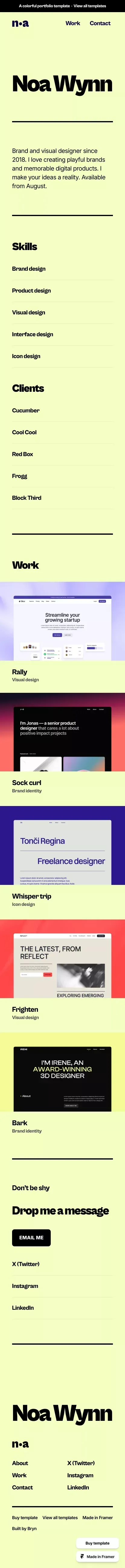 Noa Wynn - Portfolio Template for Framer mobile view