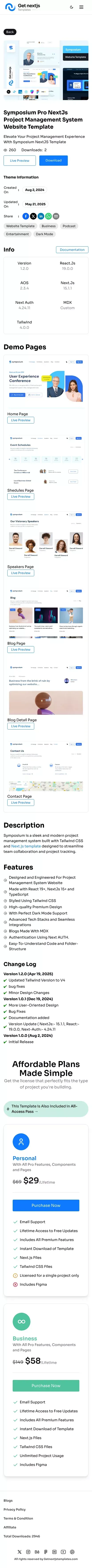 Symposium Pro NextJS Project Management System Website Template mobile view