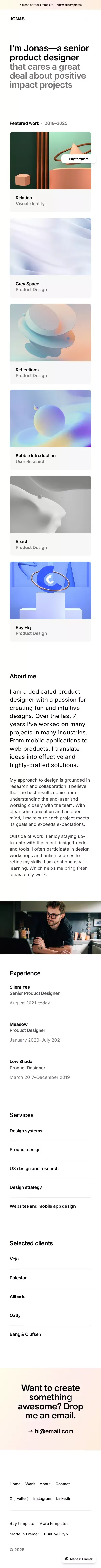 Jonas - Portfolio Template for Framer mobile view