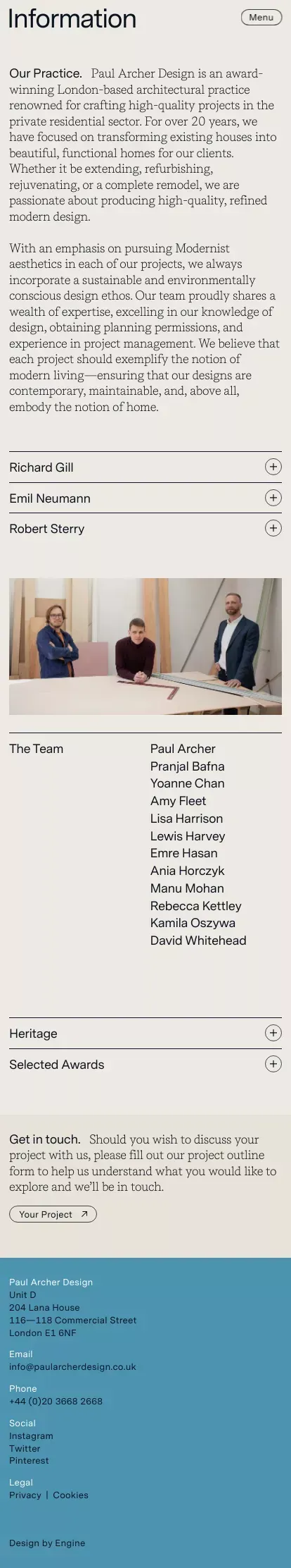 Paul Archer Design — Information mobile view