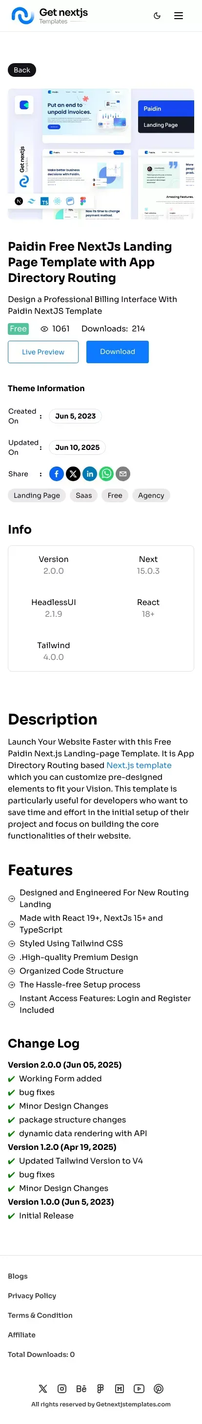 Paidin Free NextJs Landing-Page Template Based on Tailwind CSS mobile view