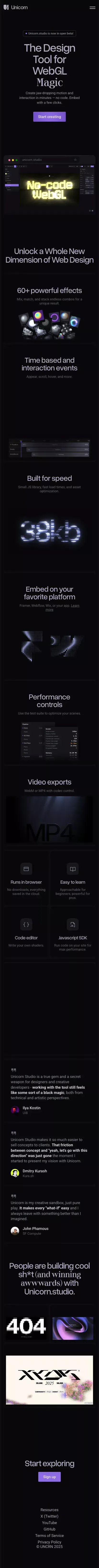 unicorn.studio — No-code WebGL Tool mobile view