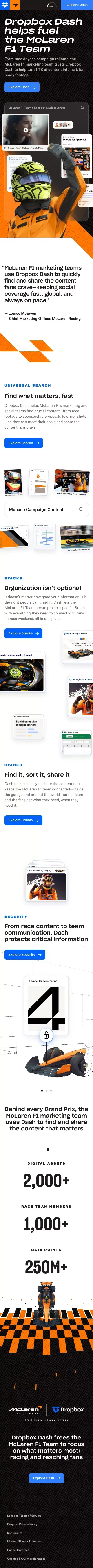 Dropbox Dash x McLaren F1 Team mobile view