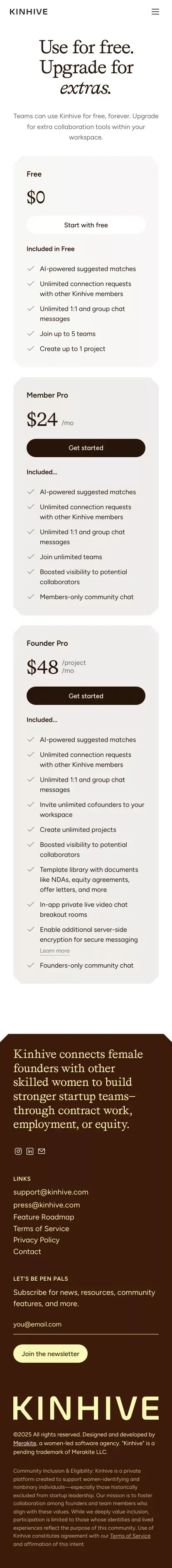 Pricing | Kinhive mobile view