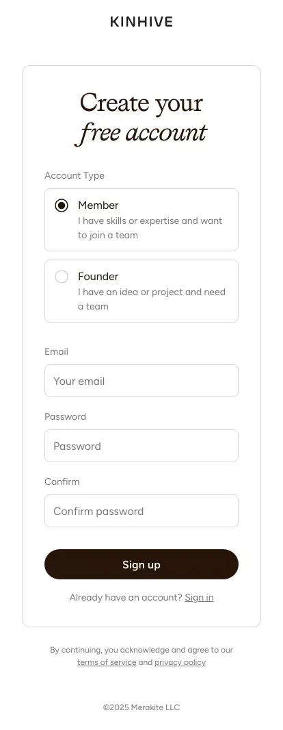 Sign Up | Kinhive mobile view