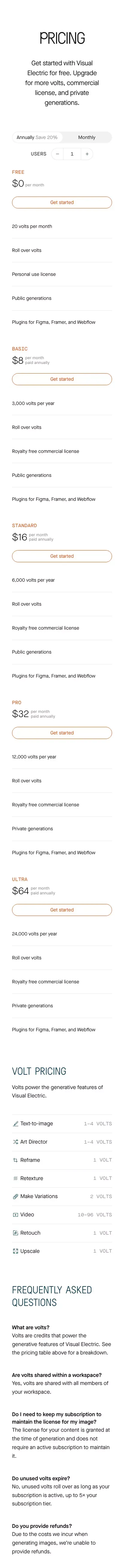 Visual Electric - Pricing mobile view
