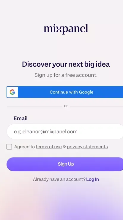Sign up - Mixpanel: Product Analytics for Mobile, Web, & More mobile view