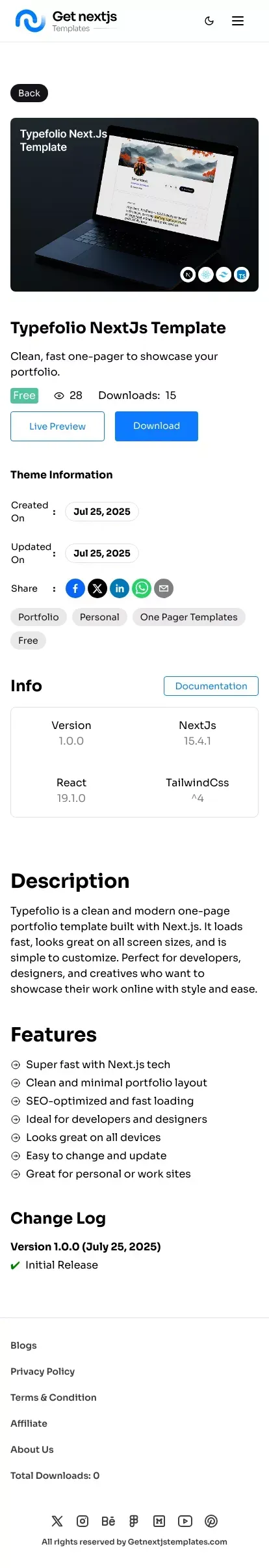 Typefolio – Simple One Page Portfolio Template mobile view