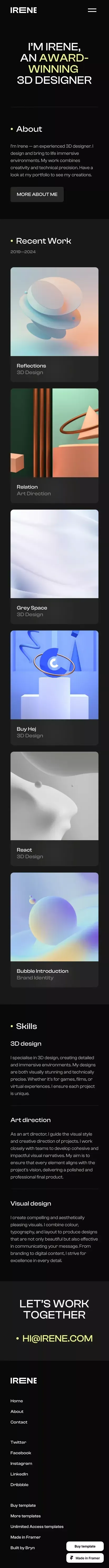 Irene - Portfolio Template for Framer mobile view