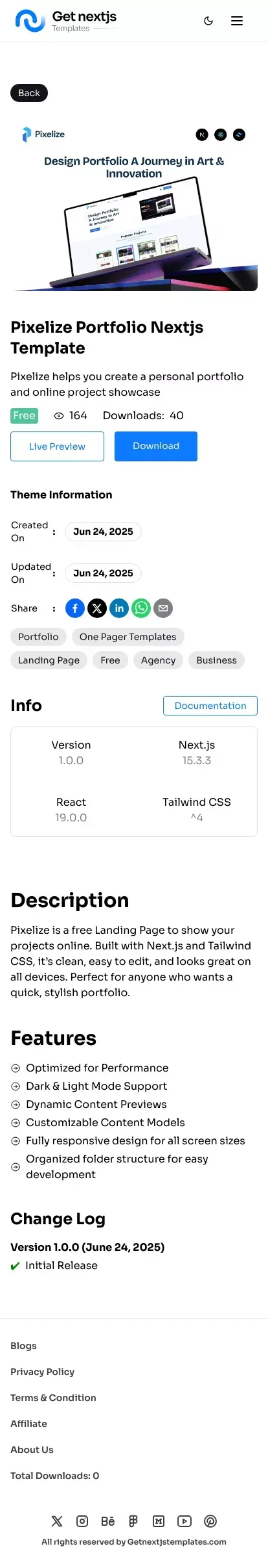 Pixelize Design Portfolio Nextjs Template Simple, Stylish & Free mobile view