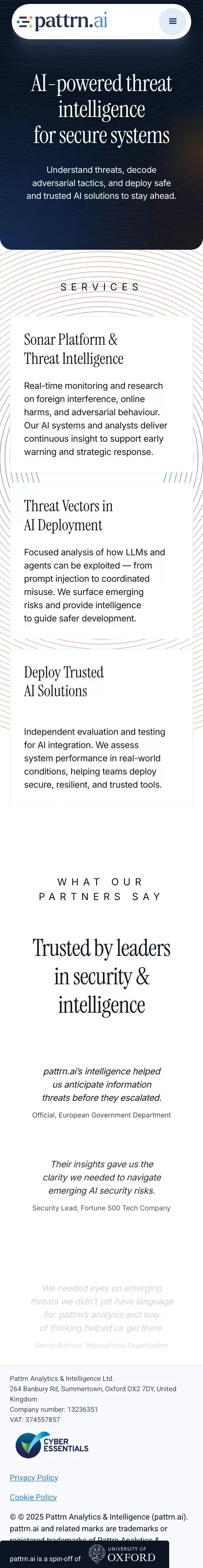 pattrn.ai - AI-Powered Threat Intelligence for Governments & Enterprises mobile view