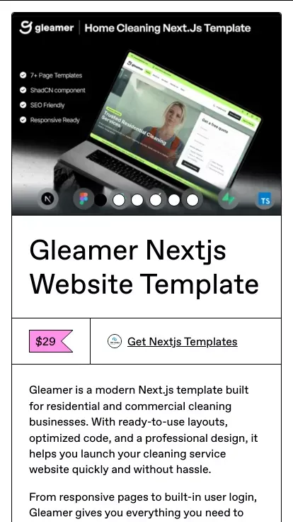 Gleamer Nextjs Website Template mobile view