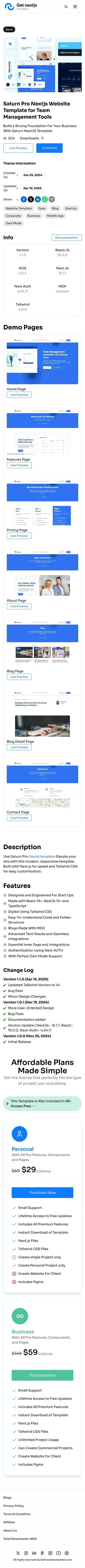 Saturn Pro - NextJS Website Template for Team Management Platforms mobile view