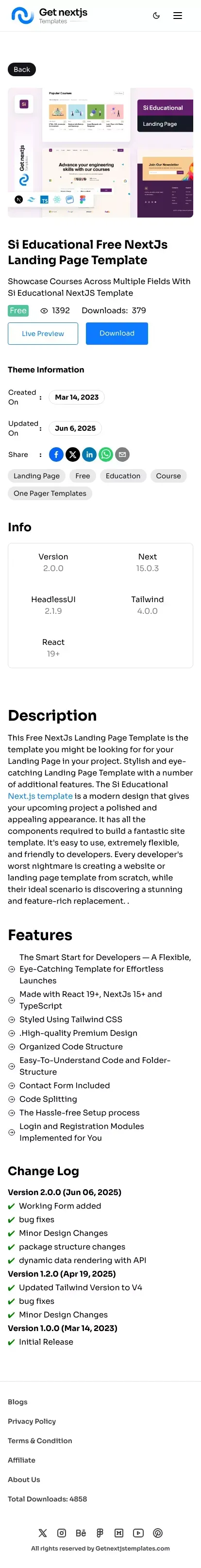 Si Educational NextJs Free Landing Page Template Based On Tailwind & Headless UI mobile view