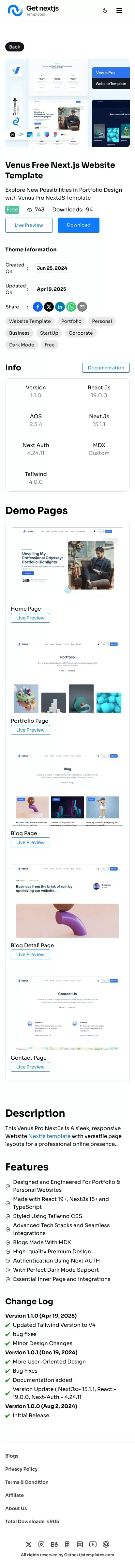 Venus NextJS Template for Portfolio & Personal Websites mobile view