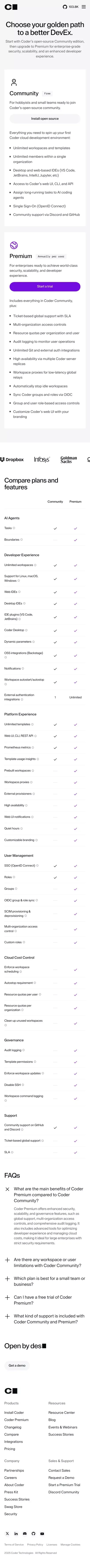 Cloud Development Plans & Pricing - Coder mobile view