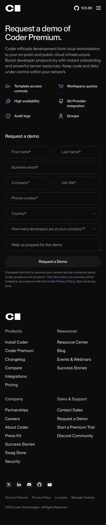 Request a Demo - Coder mobile view