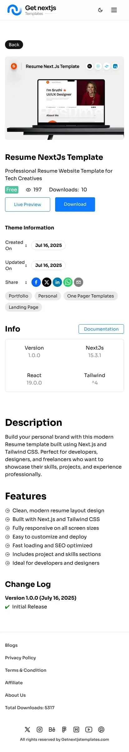 Modern Resume Next.js Template for Developers & Designers mobile view