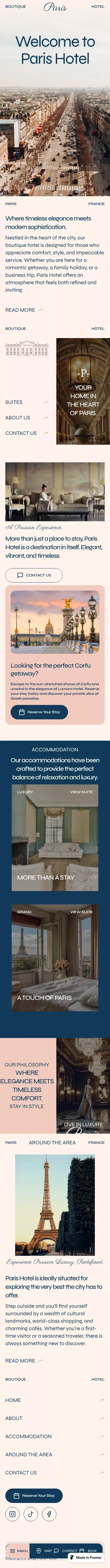 Paris Hotel Framer Website Template mobile view