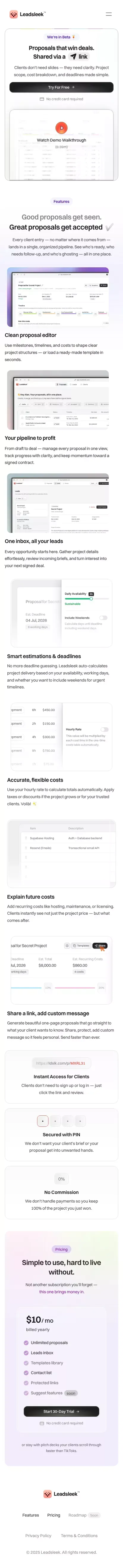 Leadsleek - Proposals That Win Deals. Shared via a Link. mobile view