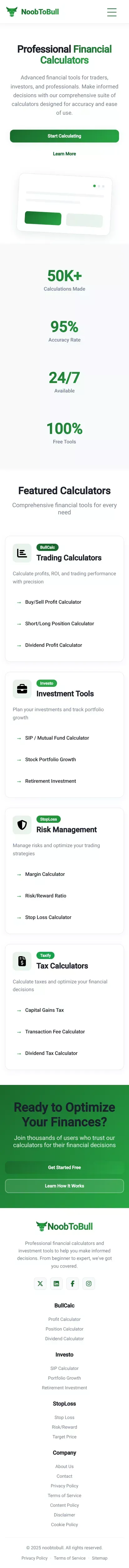 NoobToBull.com - Free Stock Market Tools & Calculators mobile view