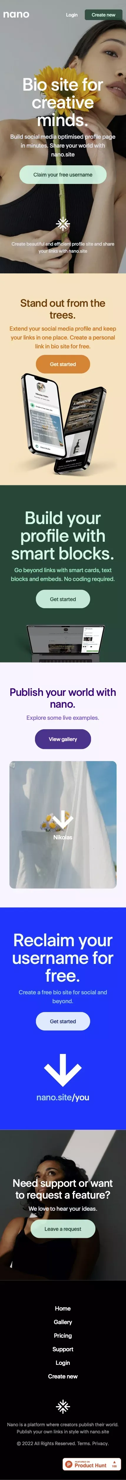 Link in bio site for creative minds | nano.site mobile view