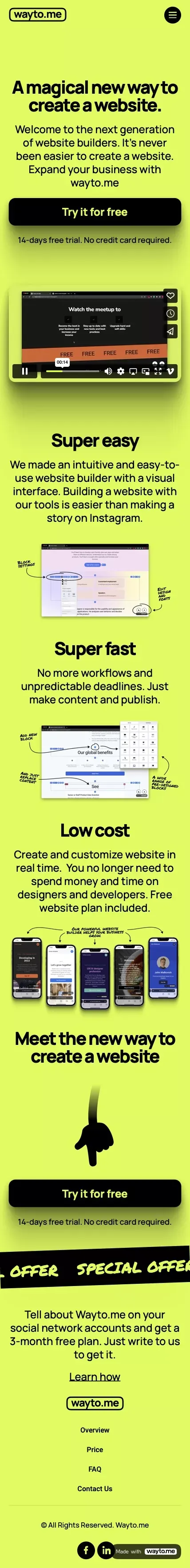 Wayto.me — Simply the easiest website builder - Main mobile view