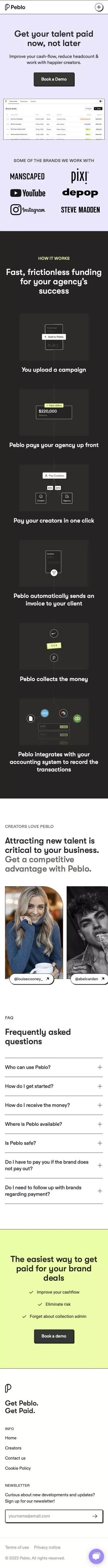Peblo | Get your talent paid now, not later mobile view