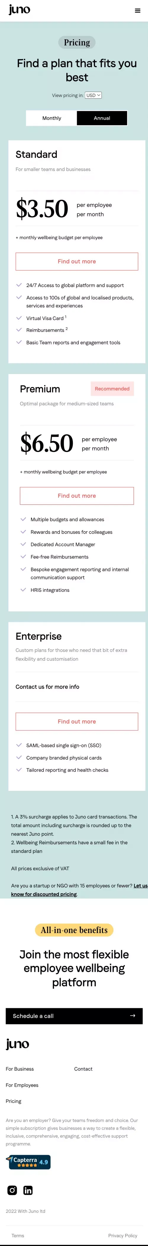 Juno - Pricing mobile view