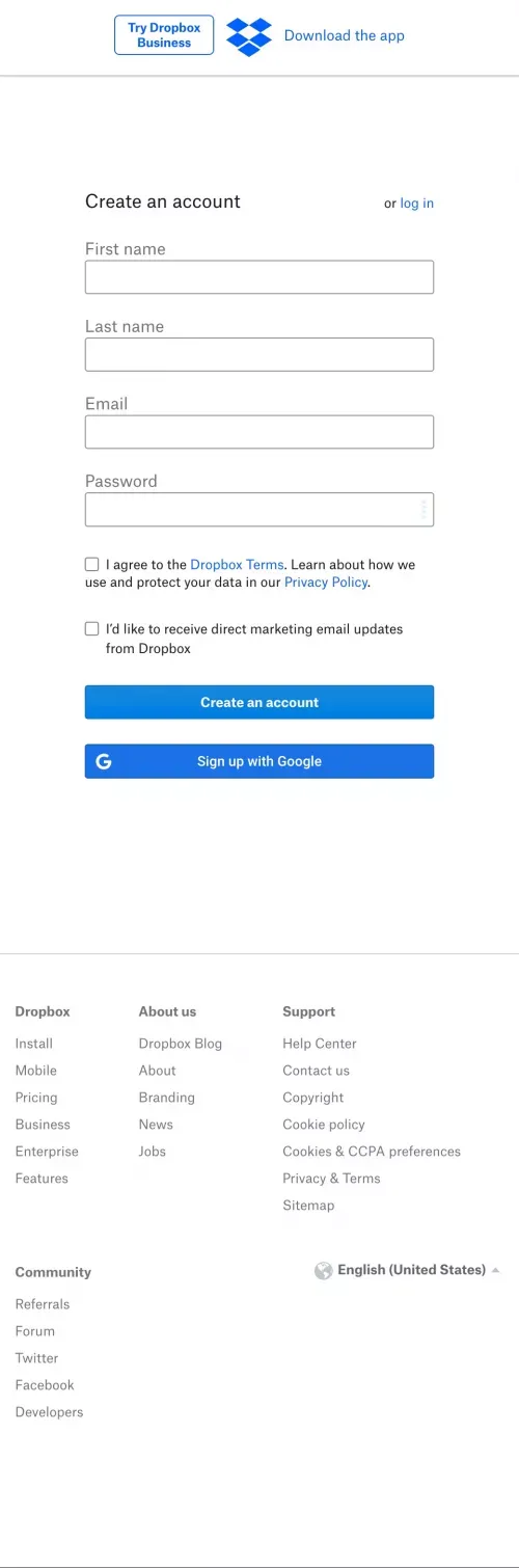 Login - Dropbox mobile view