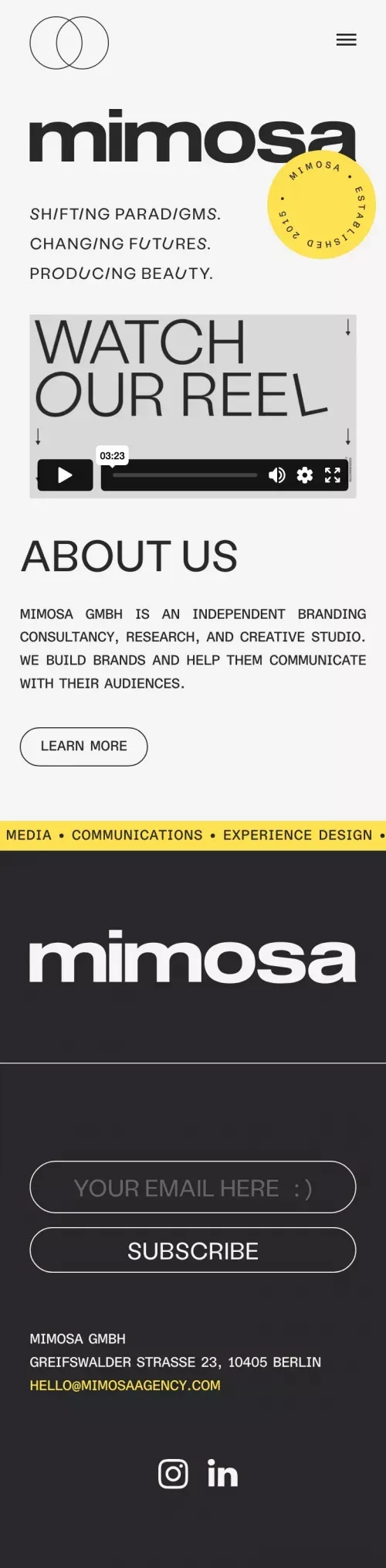 mimosa - Brand consultancy and creative agency mobile view