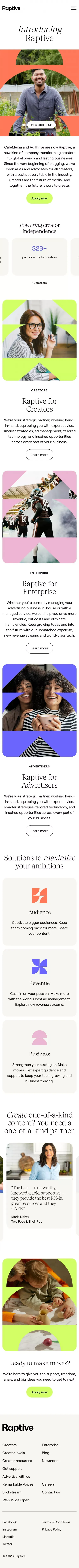 Raptive — Powering creator independence mobile view