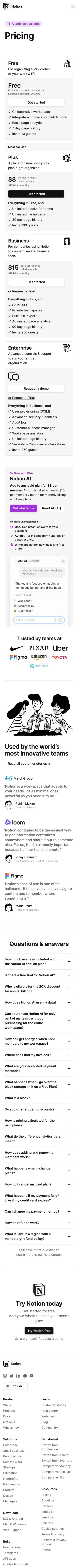 Notion Pricing Plans mobile view