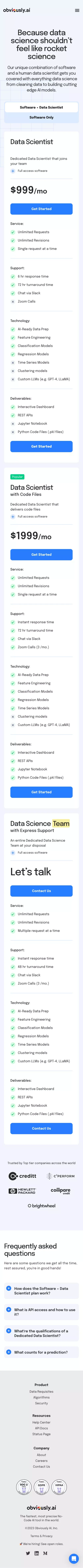 Pricing | Obviously AI mobile view